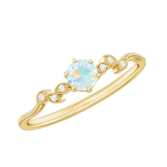 Rosec Jewels Ethiopian Opal Promise Ring with Diamond - Leaf Ring - AAA Quality Certified - Ready to Gift with Jewelry Box, 14K Yellow Gold, US 10.00