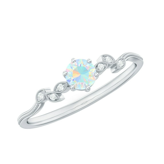 Rosec Jewels Ethiopian Opal Promise Ring with Diamond - Leaf Ring - AAA Quality Certified - Ready to Gift with Jewelry Box, 925 Sterling Silver, US 4.00