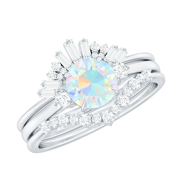 Rosec Jewels Vintage Style Ethiopian Opal Wedding Bridal Ring Set of 3 - AAA Quality - Opal Diamond Engagement Ring with Enhancer, 14K White Gold, US 3.00