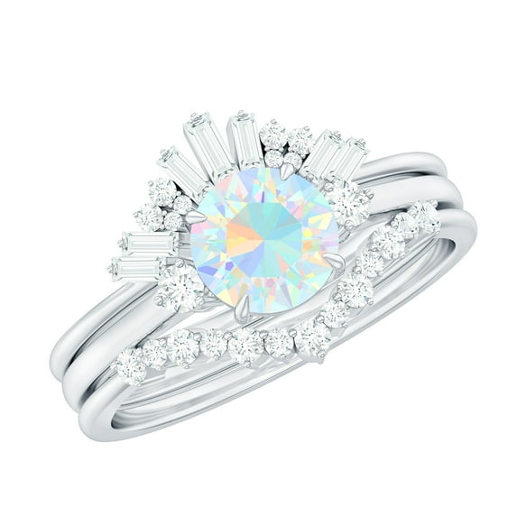 Rosec Jewels Vintage Style Ethiopian Opal Wedding Bridal Ring Set of 3 - AAA Quality - Opal Diamond Engagement Ring with Enhancer, 14K White Gold, US 5.00
