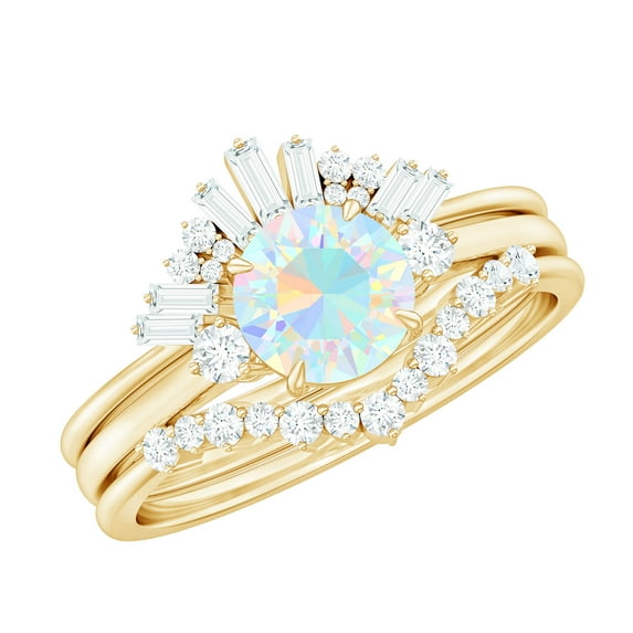 Rosec Jewels Vintage Style Ethiopian Opal Wedding Bridal Ring Set of 3 - AAA Quality - Opal Diamond Engagement Ring with Enhancer, 14K Yellow Gold, US 12.00