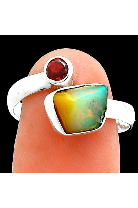 Ethiopian Opal Rough & Garnet 925 Sterling Silver Ring s.8.5 Jewelry R-1205 SDR244599
