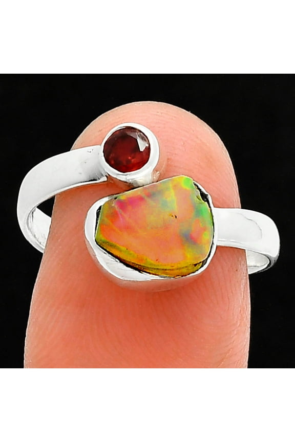Ethiopian Opal Rough & Garnet 925 Sterling Silver Ring s.8.5 Jewelry R-1205 SDR244622