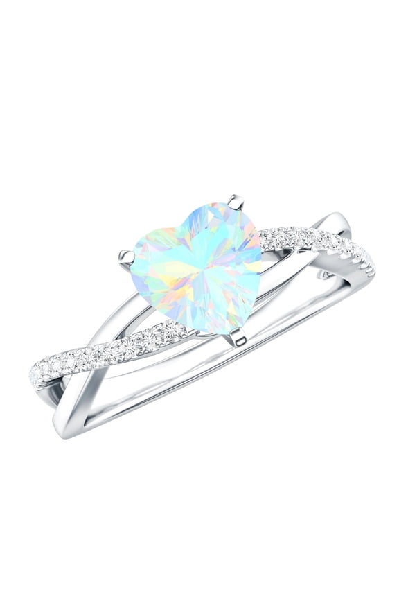 Real Ethiopian Opal Heart Engagement Ring 2 Carat - AAA Quality - Opal Diamond Ring with Crossover Shank, 925 Sterling Silver, US 4.00