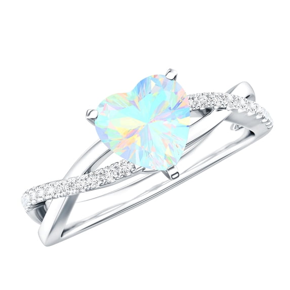 Ethiopian Opal Solitaire Crossover Ring with Diamond - 2 ct Engagement Ring, 925 Sterling Silver, US 4.00