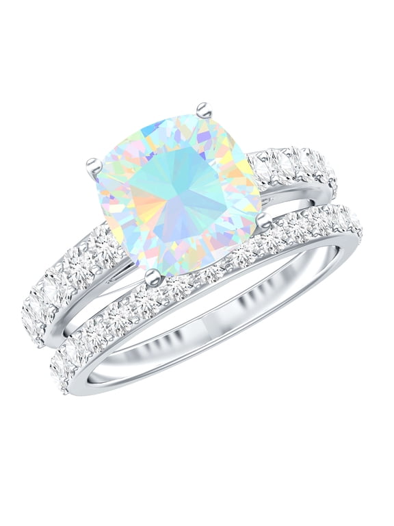 Real Ethiopian Opal Wedding Bridal Ring Set of 2 - AAA Quality - 1.8 Ct Cushion Cut Engagement Ring with Band, 10K White Gold, US 6.00