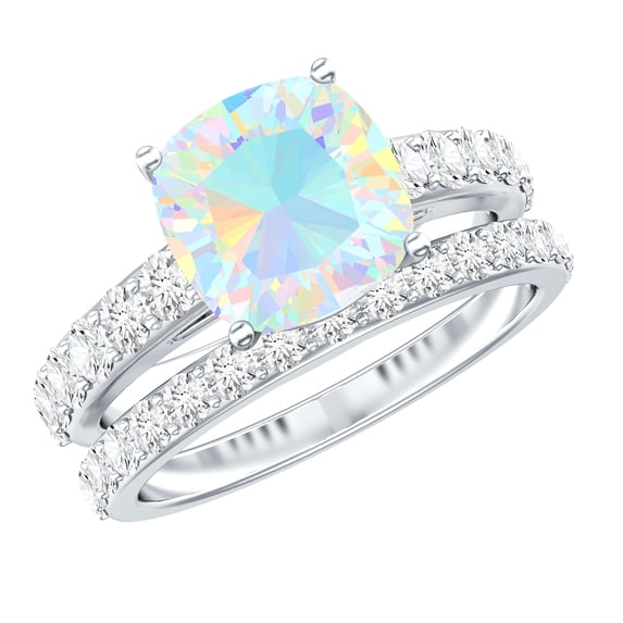 Rosec Jewels Real Ethiopian Opal Wedding Bridal Ring Set of 2 - AAA Quality - 1.8 Ct Cushion Cut Engagement Ring with Band, 14K White Gold, US 9.00