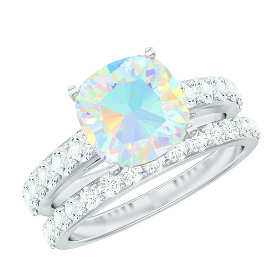 Rosec Jewels Real Ethiopian Opal Wedding Bridal Ring Set of 2 - AAA Quality - Opal Cushion Cut Engagement Ring with Enhancer, 18K White Gold, US 4.00