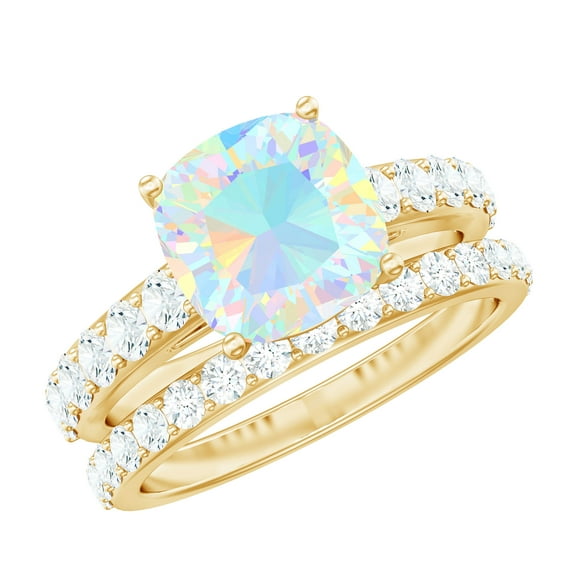 Rosec Jewels Real Ethiopian Opal Wedding Bridal Ring Set of 2 - AAA Quality - Opal Cushion Cut Engagement Ring with Enhancer, 18K Yellow Gold, US 3.50