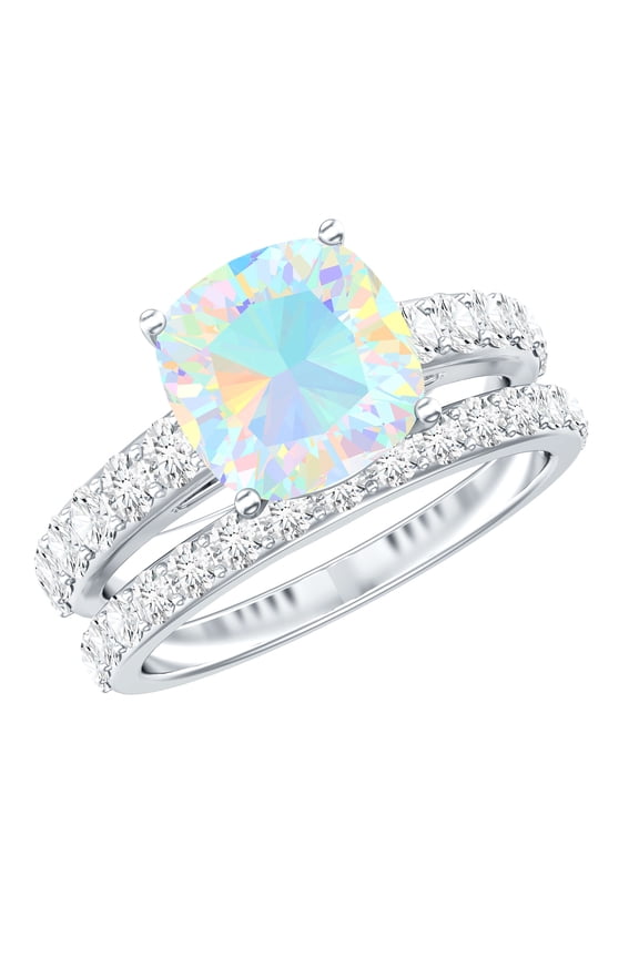 Real Ethiopian Opal Wedding Bridal Ring Set of 2 - AAA Quality - 1.8 Ct Cushion Cut Engagement Ring with Band, 925 Sterling Silver, US 5.00