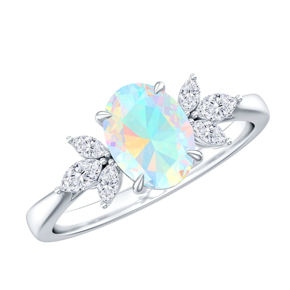 Rosec Jewels Ethiopian Opal Solitaire Ring for Women with Diamond (6X8 MM, AAA Grade), 14K White Gold, US 3.50