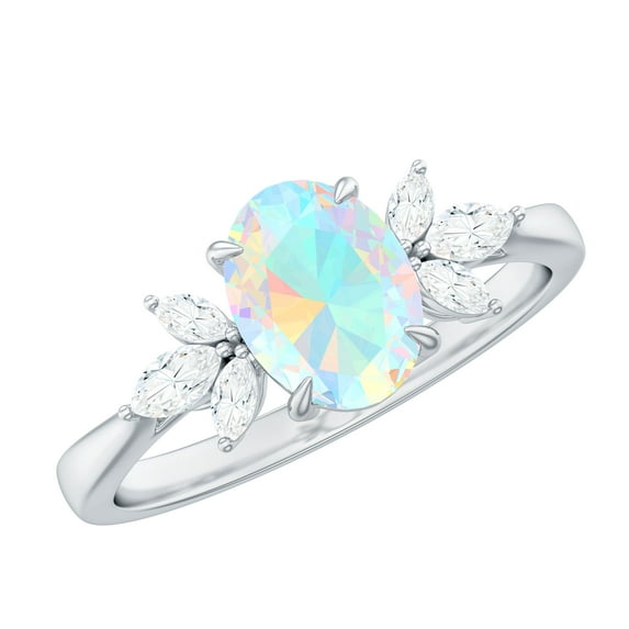 Rosec Jewels Ethiopian Opal Solitaire Ring for Women with Diamond (6X8 MM, AAA Grade), 925 Sterling Silver, US 4.00