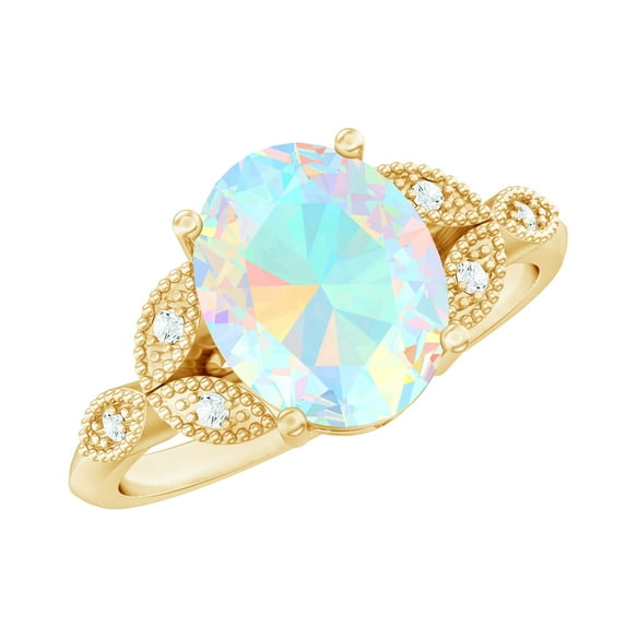 Rosec Jewels Ethiopian Opal Oval Engagement Ring with Diamond - Vintage Style Ring - (8X10 mm, 1 Ct, AAA Grade) - with Jewelry Box, 10K Yellow Gold, US 6.00