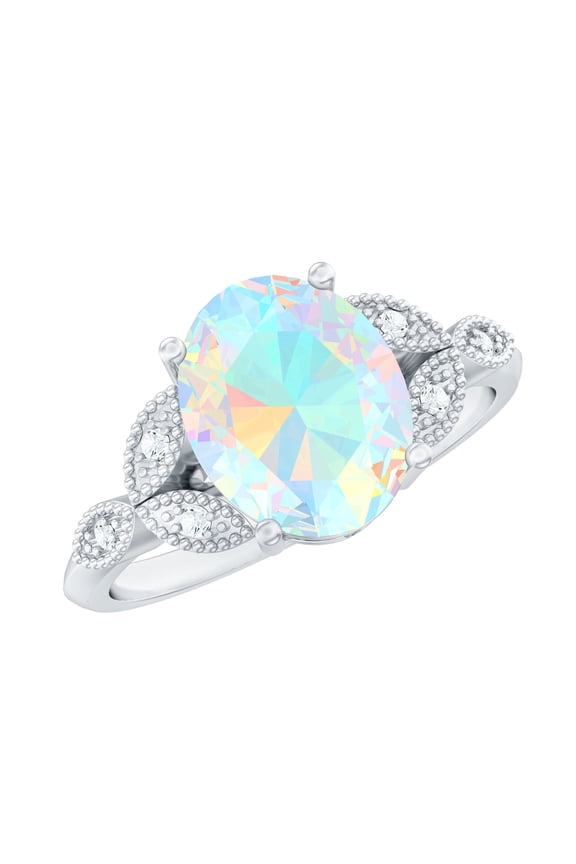 Ethiopian Opal Oval Engagement Ring with Diamond - Vintage Style Ring - (1 Ct, AAA Grade) - with Jewelry Box, 925 Sterling Silver, US 4.00