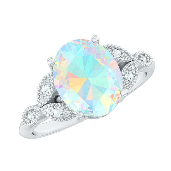 Rosec Jewels Ethiopian Opal Oval Engagement Ring with Diamond - Vintage Style Ring - (8X10 mm, 1 Ct, AAA Grade) - with Jewelry Box, 925 Sterling Silver, US 4.00