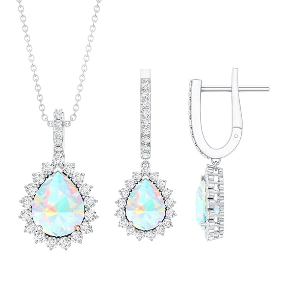 Rosec Jewels Natural Ethiopian Opal Teardrop Necklace and Earrings Set for Women - AAA Quality - Ready to Gift with Jewelry Box, 10K White Gold