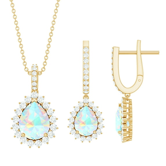 Rosec Jewels Ethiopian Opal Teardrop Jewelry Set with Moissanite for Women (AAA Quality), 10K Yellow Gold