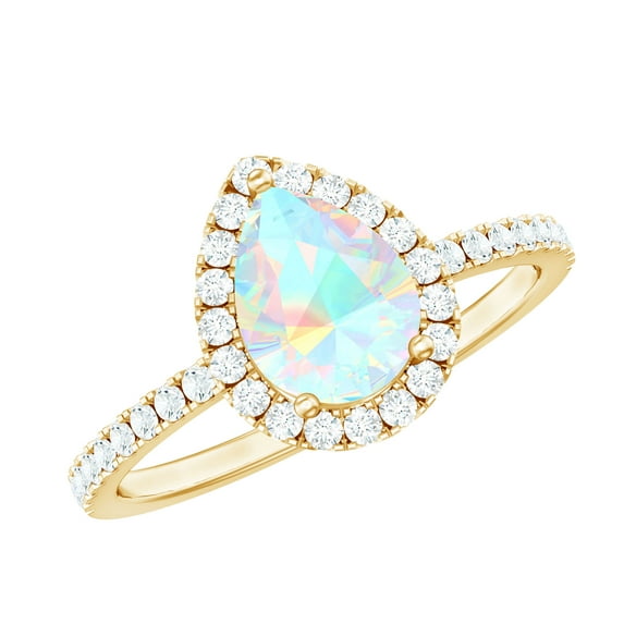 Rosec Jewels Ethiopian Opal Teardrop Ring with Diamond Halo (5X7mm Pear Shape, AAA Quality), 14K Yellow Gold, US 11.00