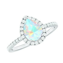 Rosec Jewels Ethiopian Opal Teardrop Ring with Diamond Halo (1 CT, AAA Quality), 925 Sterling Silver, US 4.00