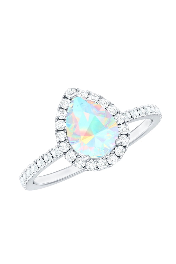 Ethiopian Opal Teardrop Ring with Diamond Halo (0.7 Carat, Pear Shape, AAA Quality), 925 Sterling Silver, US 9.50