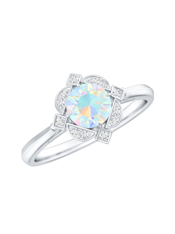 Natural Ethiopian Opal Diamond Engagement Ring - Vintage Inspired Ring for Women - AAA Quality - With Jewelry Box, 10K White Gold, US 4.00