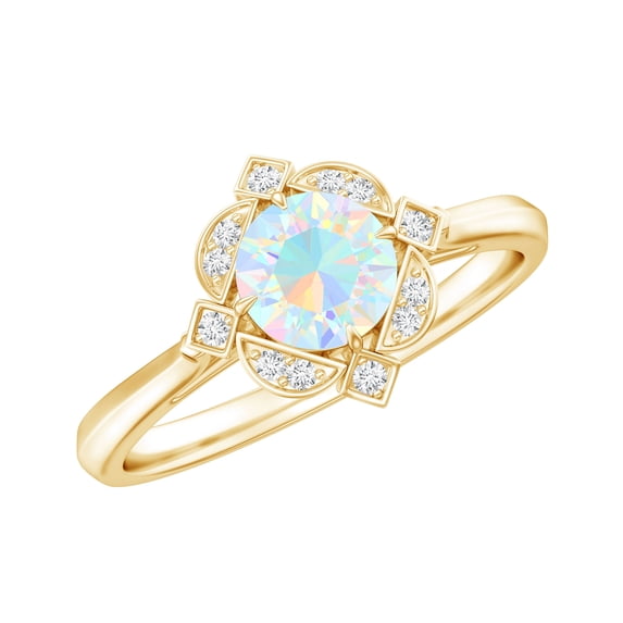 Rosec Jewels Natural Ethiopian Opal Diamond Engagement Ring - Vintage Inspired Ring for Women - AAA Quality - With Jewelry Box, 10K Yellow Gold, US 4.00