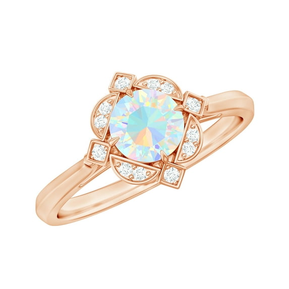 Rosec Jewels Natural Ethiopian Opal Diamond Engagement Ring - Vintage Inspired Ring for Women - AAA Quality - With Jewelry Box, 14K Rose Gold, US 7.50