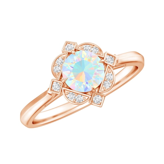 Rosec Jewels Natural Ethiopian Opal Diamond Engagement Ring - Vintage Inspired Ring for Women - AAA Quality - With Jewelry Box, 18K Rose Gold, US 4.00
