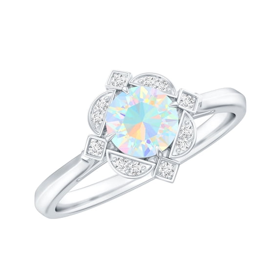 Rosec Jewels Natural Ethiopian Opal Diamond Engagement Ring - Vintage Inspired Ring for Women - AAA Quality - With Jewelry Box, 925 Sterling Silver, US 4.00