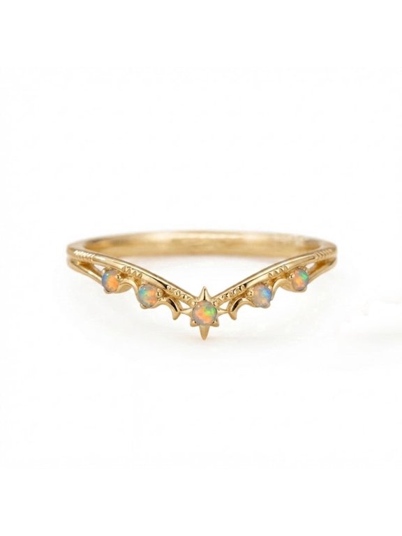 Ethiopian Opals V Shaped Curved Chevron Ring, Yellow Gold Plated 925 Sterling Silver Trendy Handmade Ring, October Birthstone Jewelry, Engagement Gift