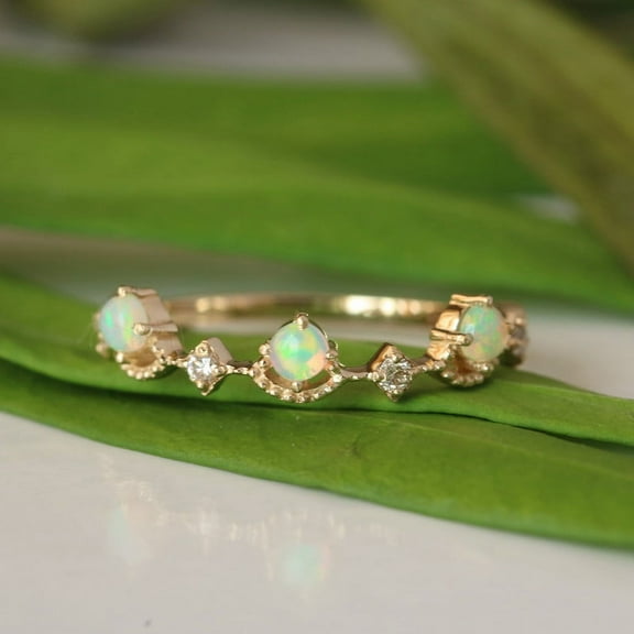 Ethiopian Round Opal & Diamond Milgrain Ring, 925 Sterling Silver Ring, Minimalist Ring, Promise Ring, Handmade Fine Jewelry, Gift For Her.