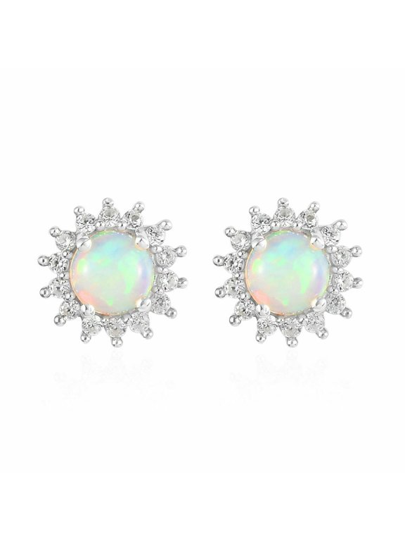 Ethiopian Welo Opal & Zircon Earrings in Platinum Over Sterling Silver