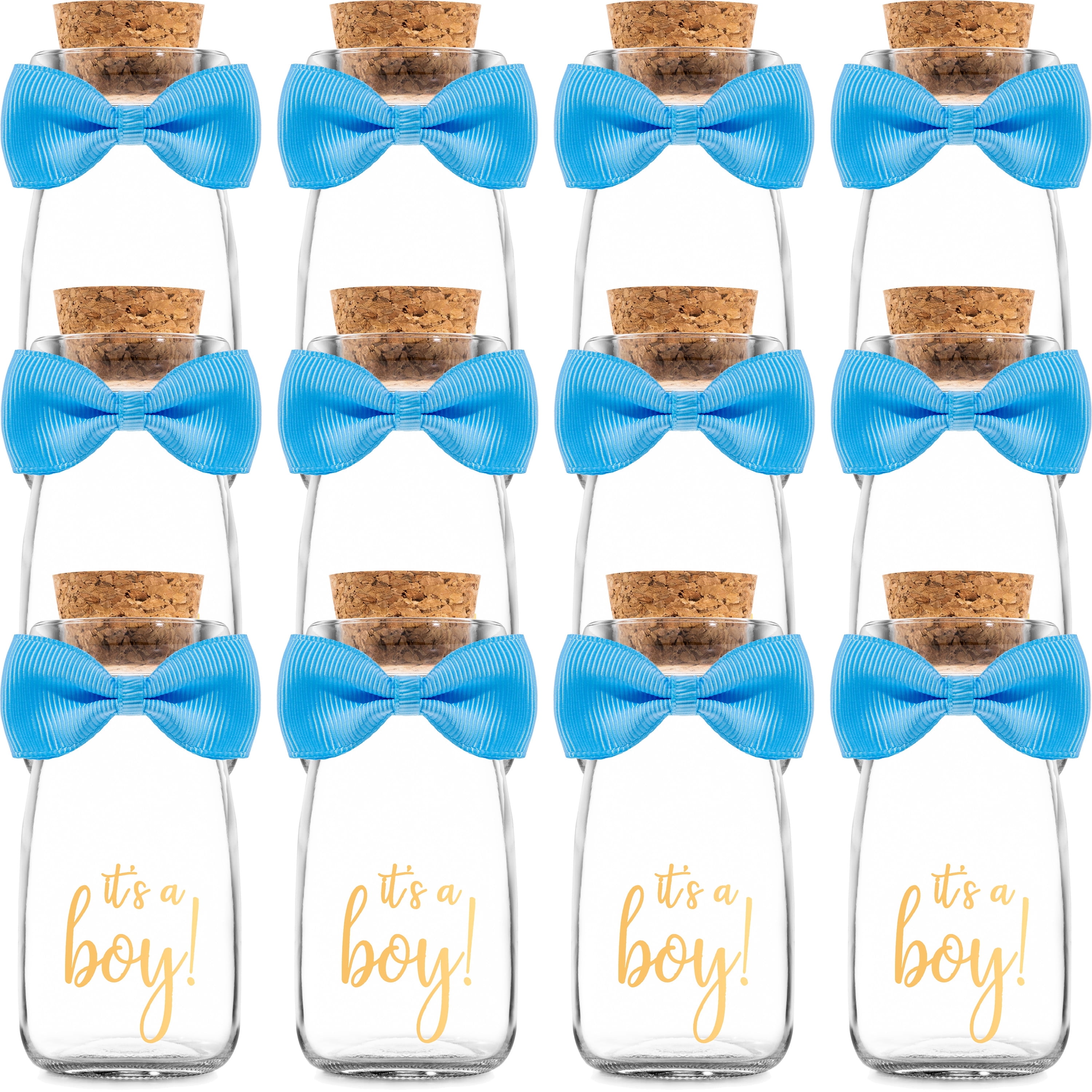 Ethisa 12 Pack It's a Boy Milk Glass Bottles with Ribbons and Stickers - Vintage, Sturdy, Baby Shower Favors for Guests and Table Centerpieces - Boy Baby Shower Decorations - Baby Shower Candy Jar
