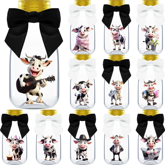 Ethisa 12 Pack Cow Party Favors - DIY Candy Jars with Ribbons and Stickers - Party Decoration Bottles for Birthday, Baby Shower and School Classroom - Holy Cow Print Table Centerpiece Gifts for Kids