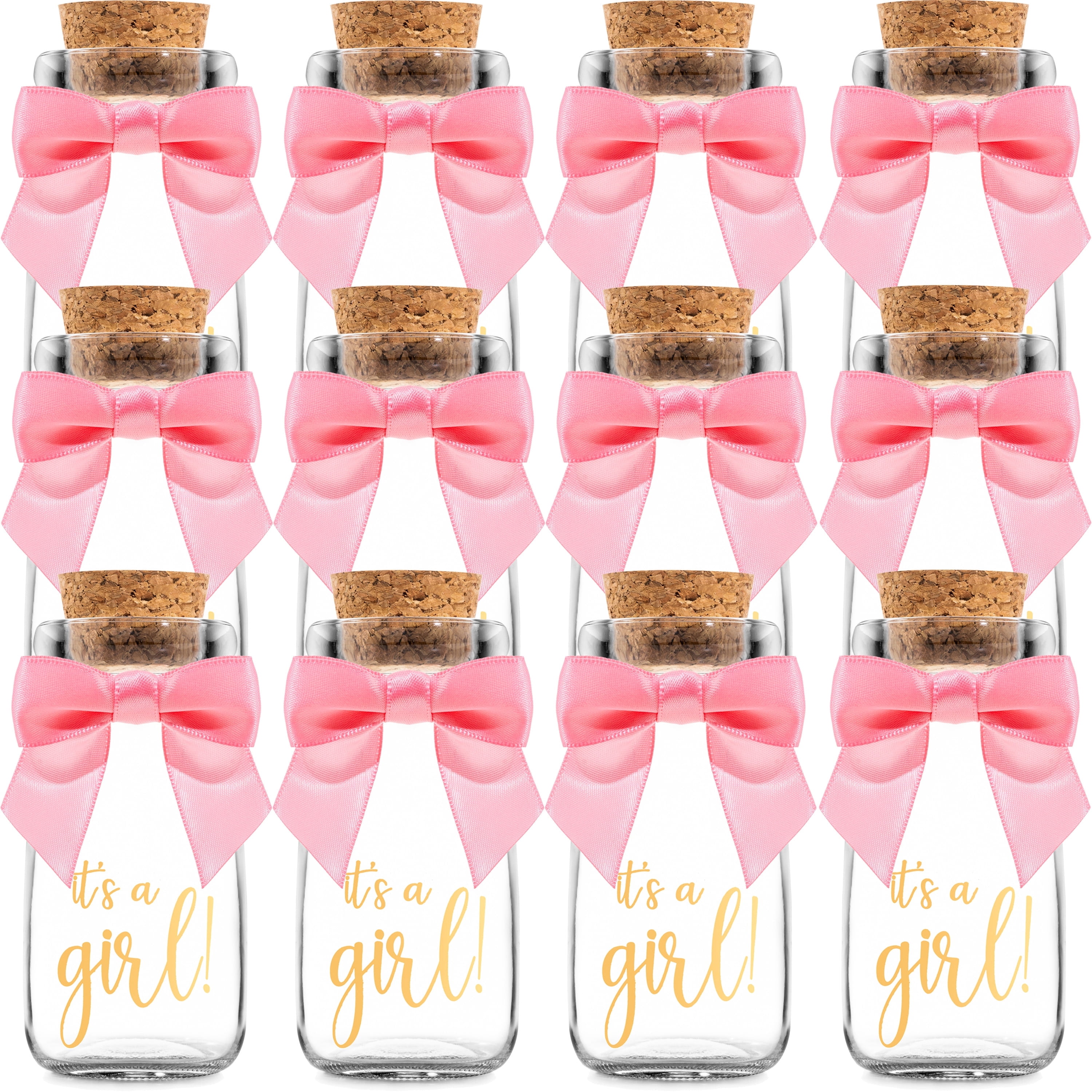 Ethisa 12 Pack It's a Girl Milk Glass Bottles with Ribbons and Stickers - Vintage, Sturdy, Baby Shower Favors for Guests and Table Centerpieces - Girl Baby Shower Decorations - Baby Shower Candy Jar