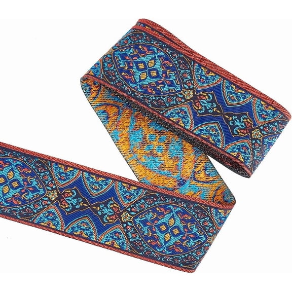 5.5 Yards Jacquard Ribbon Trim 2 inch Wide Vintage Floral Embroidery Ribbon with Leaf Patterns Marine Blue Polycotton Boho Embroidered Trim Fabric for Sewing Crafting Home Decor