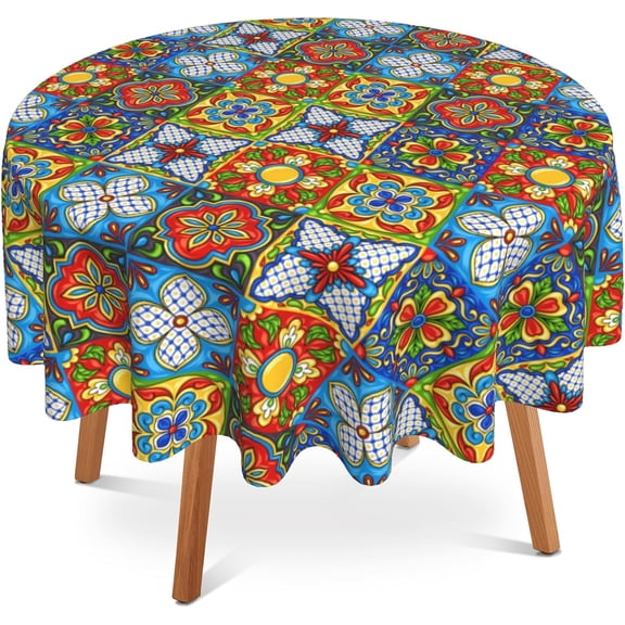 Ethnic 60 Inch Round Tablecloth,Mexican Talavera Ceramic Table Cloth Waterproof Stain and Wrinkle Resistant Circle Table Cover for Kitchen Dining Picnic Camping Indoor Outdoor Decor
