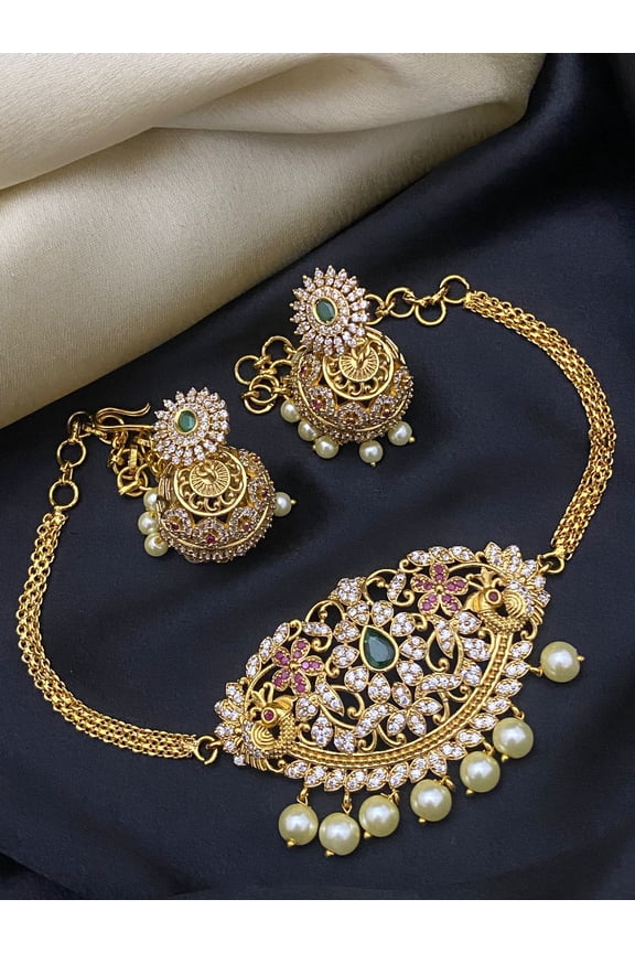 Ethnic AD Choker Necklace Set | South Indian Pearl Jewelry Set | Green and Ruby Stone Necklace Set for women