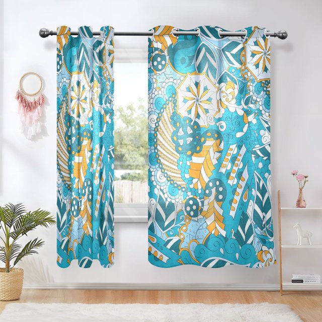 Ethnic Abstract Curved Semi Sheer Curtains 2 Panels Faux Linen Voile