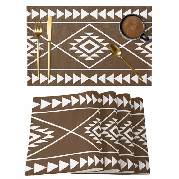 Ethnic Abstract Geometric Triangle Placemats Set of 6,Wipeable Washable Table Mats for Dining Tables, Brown White Tribal Art Place Mats for Kitchen Event Party Tabletop Decor
