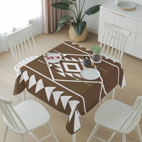 Ethnic Abstract Geometric Triangle Table Cloth 54x54in, Waterproof Square Tablecloth Wipeable Tablecloths Brown White Tribal Art Table Covers for Dining Tables Party Indoor Outdoor