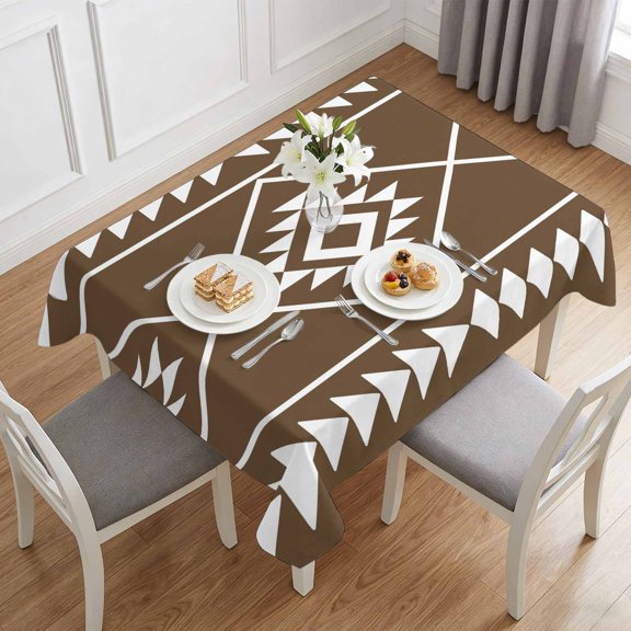 Ethnic Abstract Geometric Triangle Table Cloth 60x84in, Waterproof Rectangle Tablecloth Wipeable Tablecloths Brown White Tribal Art Table Covers for Dining Tables Party Indoor Outdoor