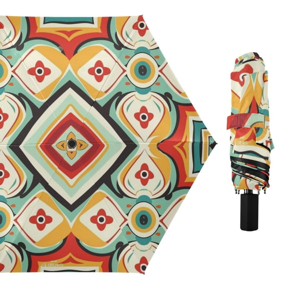 Ethnic Abstract Pattern All Weather Umbrella Triple Folding Parasol 6 Ribs UV Protection Portable