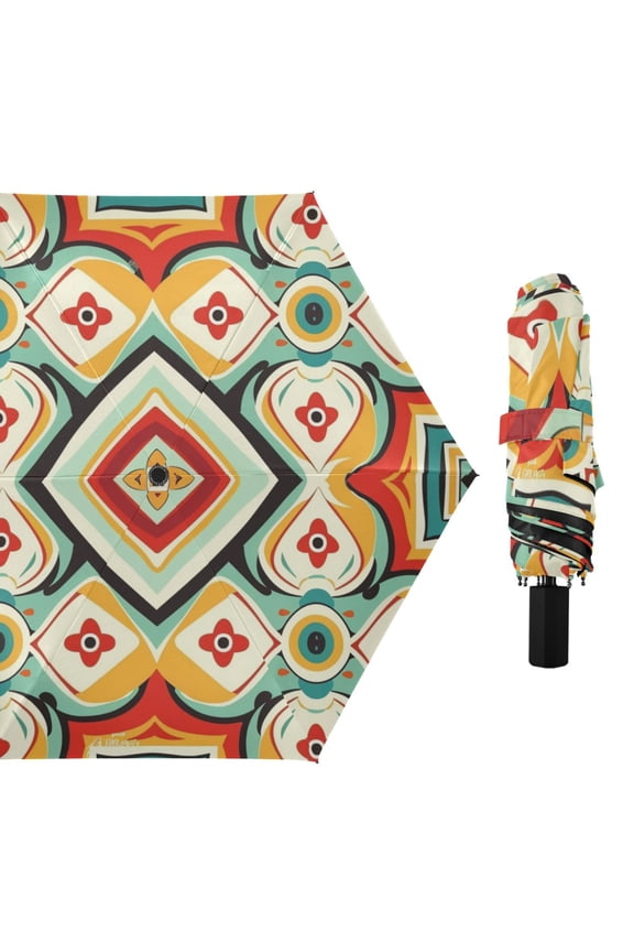Ethnic Abstract Pattern All Weather Umbrella Triple Folding Parasol 6 Ribs UV Protection Portable