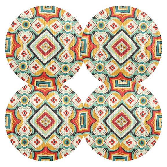Ethnic Abstract Pattern PVC Round Grid Placemat Table Mat Set 4 Pcs 15.4" x 15.4"