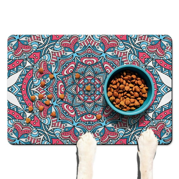 Ethnic Abstract Pet Food Mat - Non-Slip Mandala Dog Bowl Mat with Spiritual Paisley Motifs, Durable & Puppy-Proof Construction