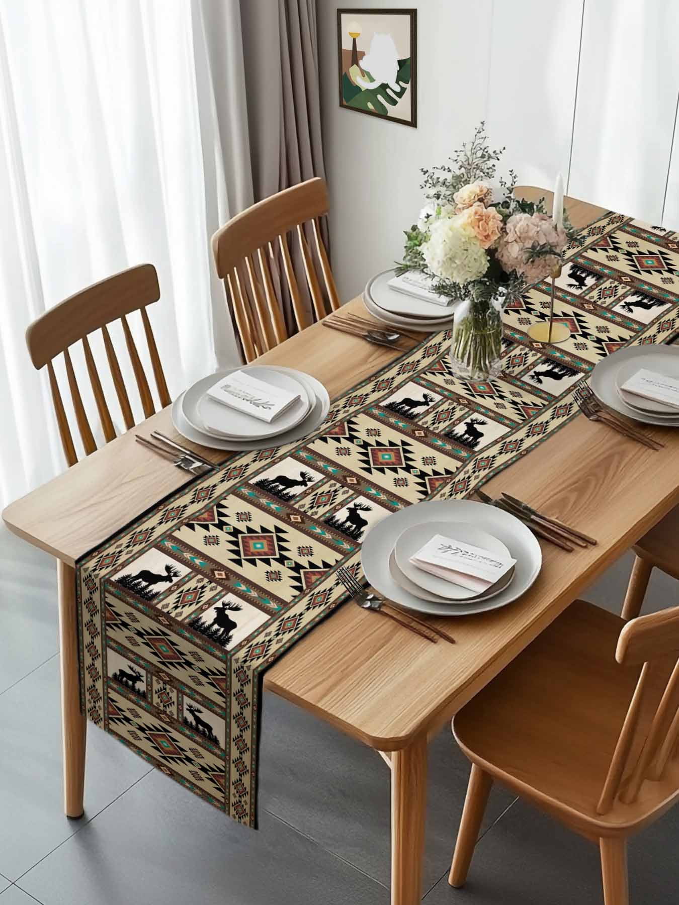 Ethnic Abstract Square Triangle on Brown Table Runner 13x70in Non-Slip ...