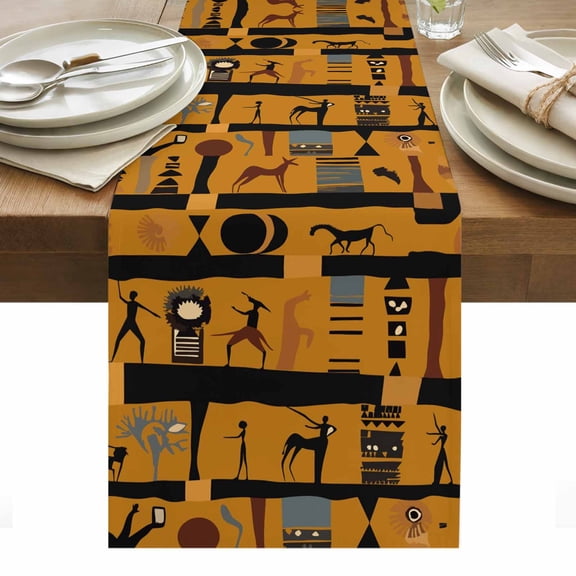 Ethnic African Cotton Linen Table Runner Abstract Exotic Ethnic Black African Dining Table Runners for Home Decor Party Dining Room Restaurant Kitchen Party 13" x 60"