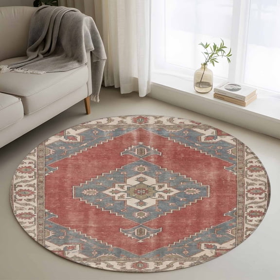 Ethnic Art Boho 4FT Round Area Rugs Abstract Geometric Red Brown Flower Pattern Retro Border Soft Small Round Rug Non-Slip, Ultra-Thin Indoor Circle Carpet for Bedroom Entryway Kitchen Bathroom
