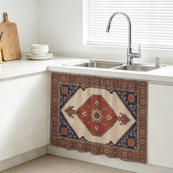 Ethnic Art Boho Cabinet Curtains for Kitchen 10"Wx11"L, Abstract Geometric Brick Red Flower Pattern Retro Border Under Sink Skirt Magic Tape Short Curtain Decor Privacy Panel for Bathroom Laundry